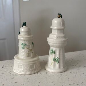 Belleek Cream Lighthouse Ornaments with Green Shamrocks